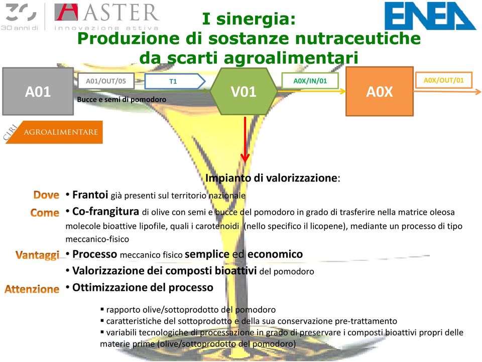 mediante un processo di tipo meccanico-fisico Processo meccanico fisico semplice ed economico Valorizzazione dei composti bioattivi del pomodoro Ottimizzazione del processo rapporto