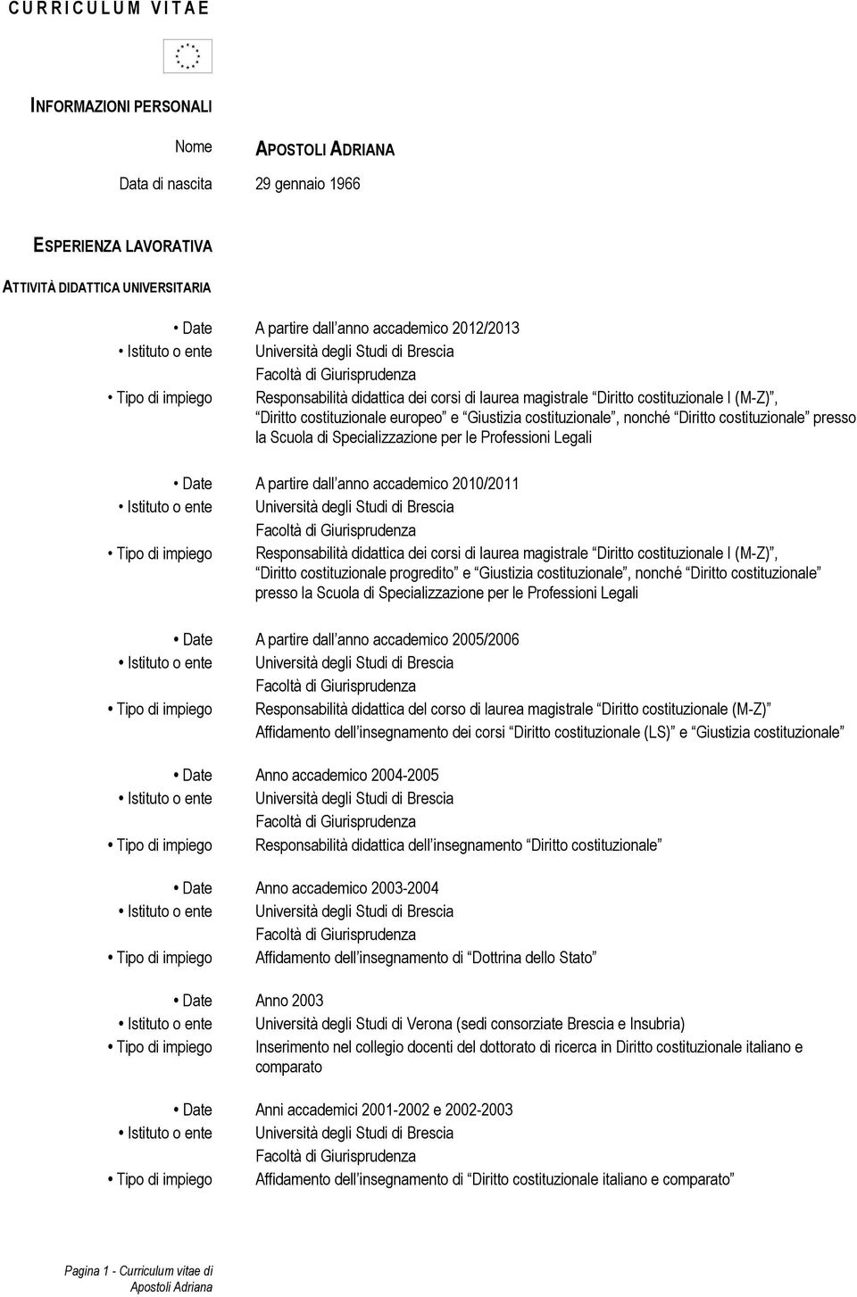 costituzionale presso la Scuola di Specializzazione per le Professioni Legali Date A partire dall anno accademico 2010/2011 Tipo di impiego Responsabilità didattica dei corsi di laurea magistrale