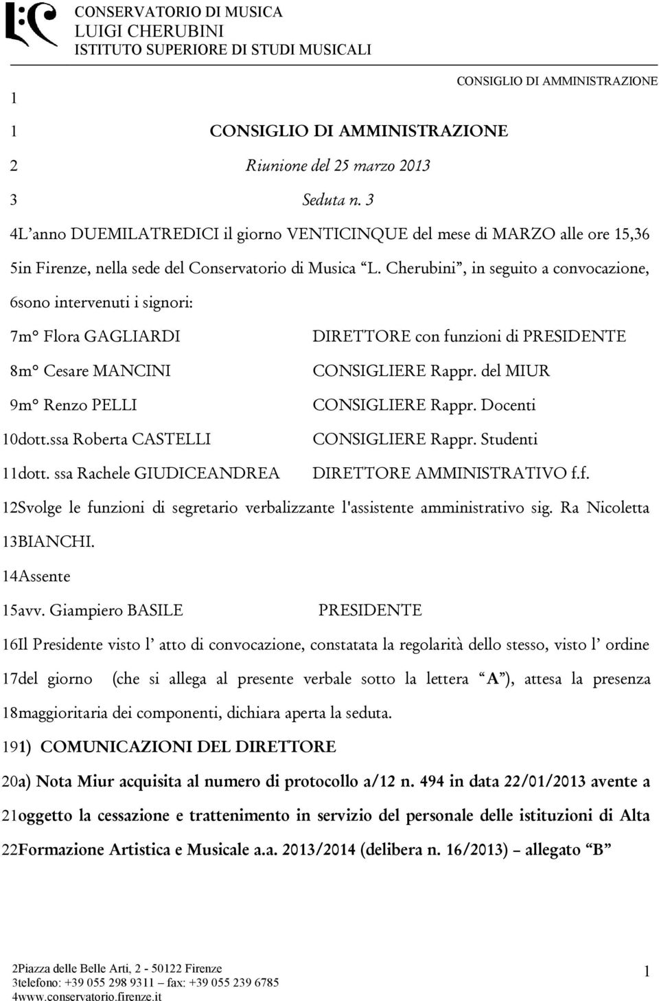 del MIUR 9m Renzo PELLI CONSIGLIERE Rappr. Docenti 0dott.ssa Roberta CASTELLI CONSIGLIERE Rappr. Studenti dott. ssa Rachele GIUDICEANDREA DIRETTORE AMMINISTRATIVO f.