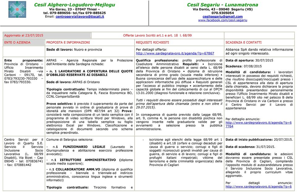 ARPAS Agenzia Regionale per la Protezione dell Ambiente della Sardegna richiede: - n.