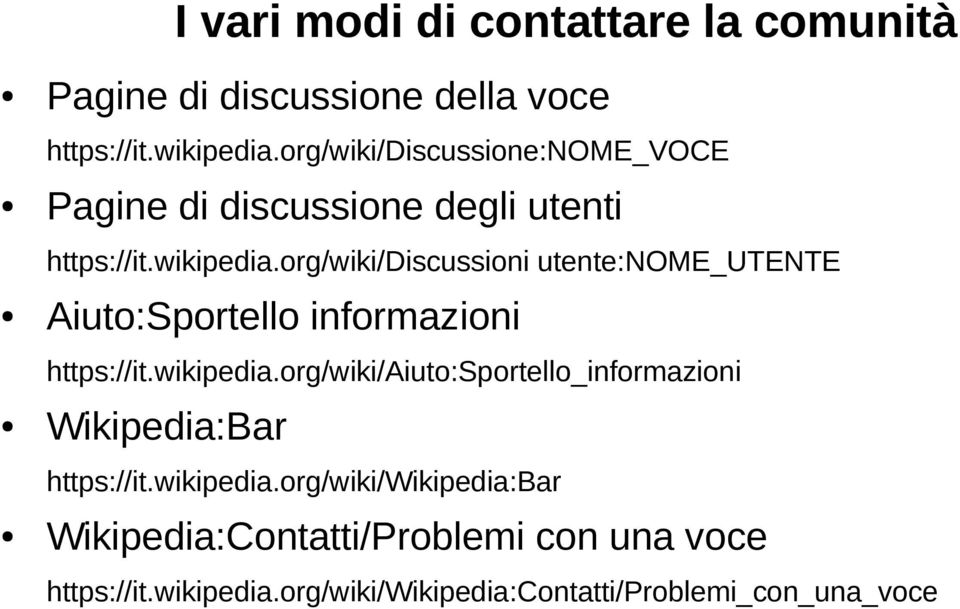 org/wiki/discussioni utente:nome_utente Aiuto:Sportello informazioni https://it.wikipedia.