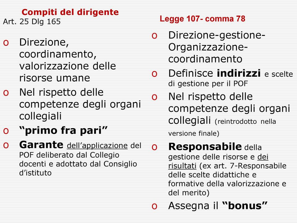 applicazione del POF deliberato dal Collegio docenti e adottato dal Consiglio d istituto o o o o o Legge 107- comma 78 Direzione-gestione- Organizzazionecoordinamento