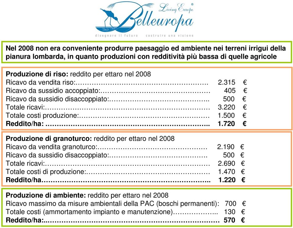 500 Reddito/ha:... 1.720 Produzione di granoturco: reddito per ettaro nel 2008 Ricavo da vendita granoturco: 2.190 Ricavo da sussidio disaccoppiato:. 500 Totale ricavi: 2.