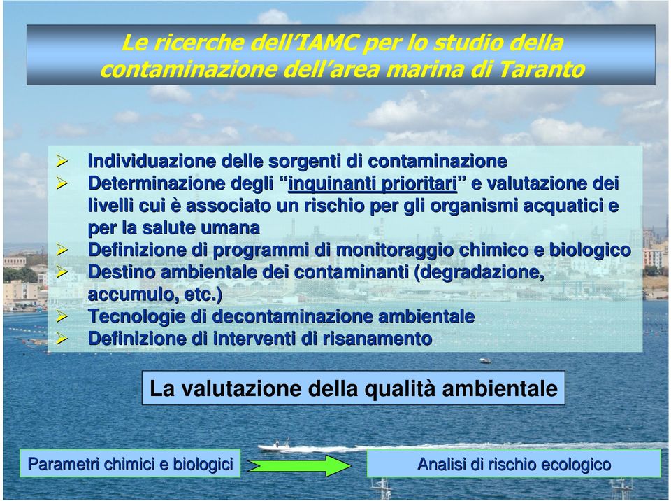 programmi di monitoraggio chimico e biologico Destino ambientale dei contaminanti (degradazione, accumulo,, etc.