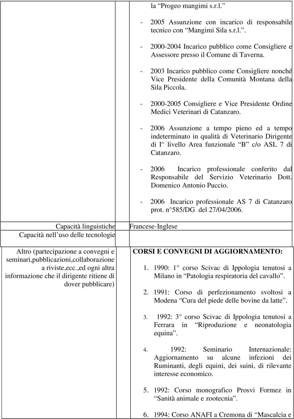 - 2006 Assunzione a tempo pieno ed a tempo indeterminato in qualità di Veterinario Dirigente di I livello Area funzionale B c/o ASL 7 di Catanzaro.