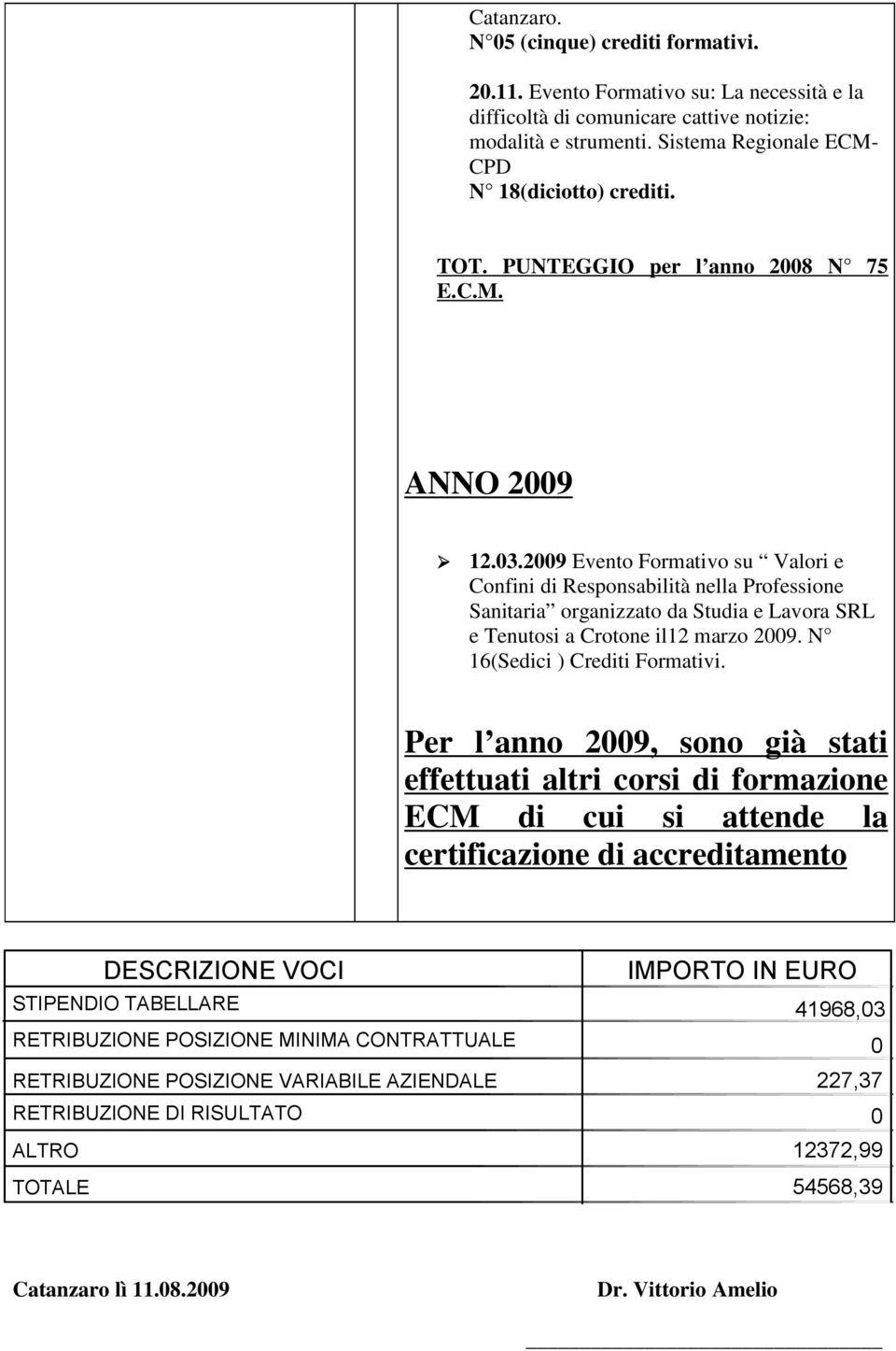 2009 Evento Formativo su Valori e Confini di Responsabilità nella Professione Sanitaria organizzato da Studia e Lavora SRL e Tenutosi a Crotone il12 marzo 2009. N 16(Sedici ) Crediti Formativi.