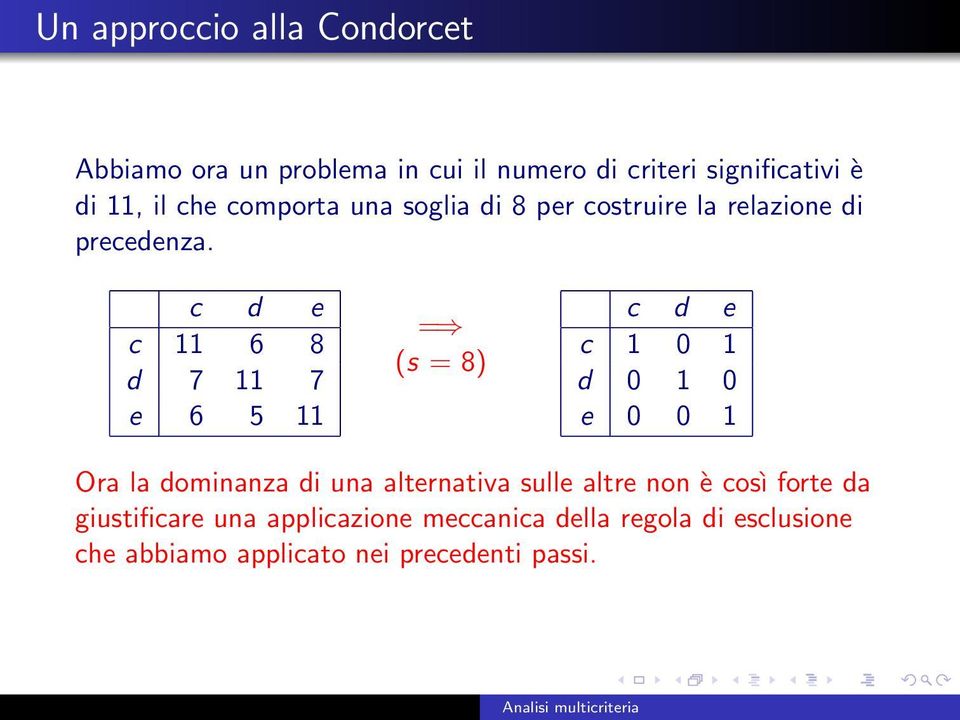 c d e c 11 6 8 d 7 11 7 e 6 5 11 = (s = 8) c d e c 1 0 1 d 0 1 0 e 0 0 1 Ora la dominanza di una