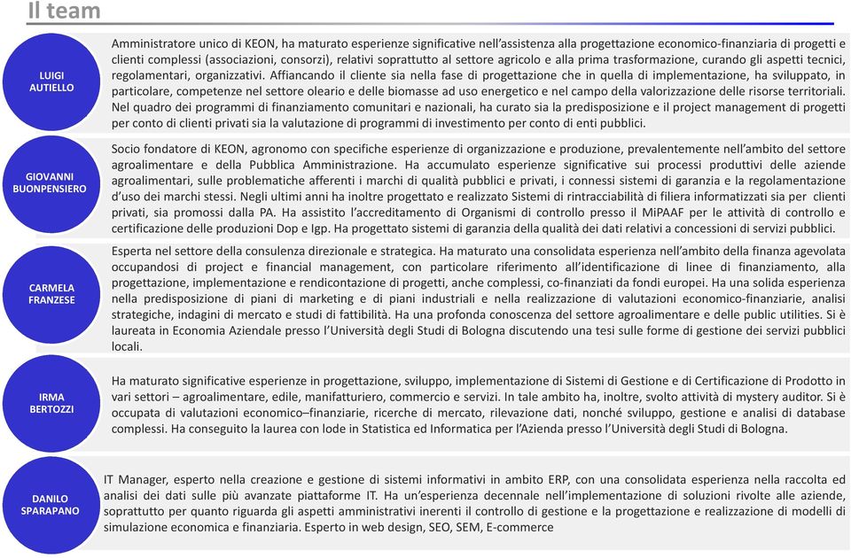 Affiancando il cliente sia nella fase di progettazione che in quella di implementazione, ha sviluppato, in particolare, competenze nel settore oleario e delle biomasse ad uso energetico e nel campo