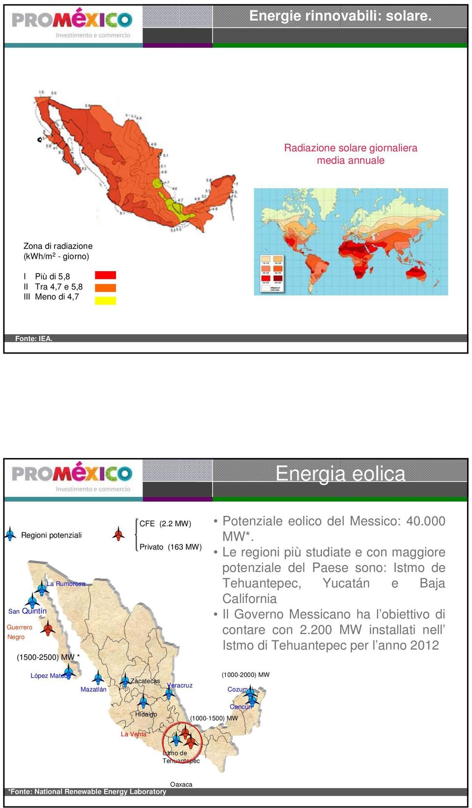 Le regioni più studiate e con maggiore potenziale del Paese sono: Istmo de Tehuantepec, Yucatán e Baja California Il Governo Messicano ha l obiettivo di contare con 2.