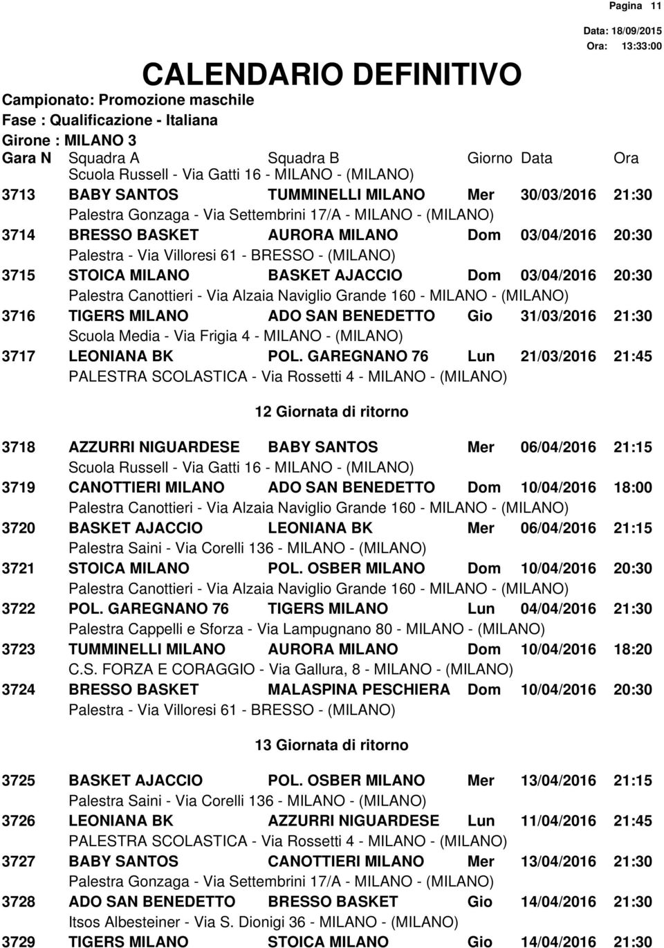 GAREGNANO 76 Lun 21/03/2016 21:45 12 Giornata di ritorno 3718 AZZURRI NIGUARDESE BABY SANTOS Mer 06/04/2016 21:15 3719 CANOTTIERI MILANO ADO SAN BENEDETTO Dom 10/04/2016 18:00 3720 BASKET AJACCIO