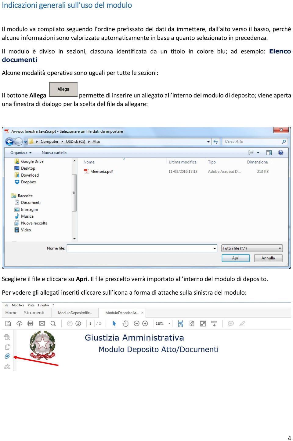 Il modulo è diviso in sezioni, ciascuna identificata da un titolo in colore blu; ad esempio: Elenco documenti Alcune modalità operative sono uguali per tutte le sezioni: Il bottone Allega