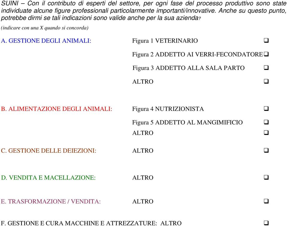 GESTIONE DEGLI ANIMALI: Figura 1 VETERINARIO Figura 2 ADDETTO AI VERRI-FECONDATORE Figura 3 ADDETTO ALLA SALA PARTO ALTRO B.