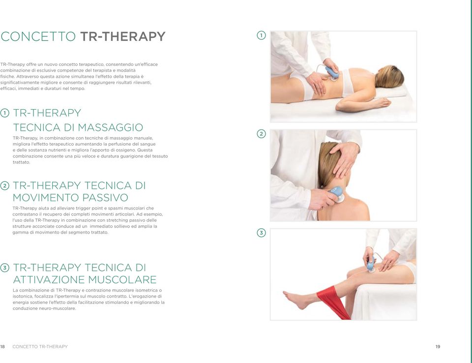 1 TR-THERAPY TECNICA DI MASSAGGIO TR-Therapy, in combinazione con tecniche di massaggio manuale, migliora l'effetto terapeutico aumentando la perfusione del sangue e delle sostanza nutrienti e