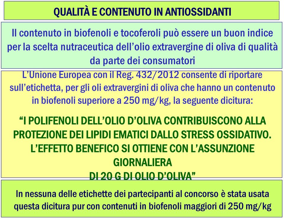 432/2012 consente di riportare sull etichetta, per gli oli extravergini di oliva che hanno un contenuto in biofenoli superiore a 250 mg/kg, la seguente dicitura: I POLIFENOLI