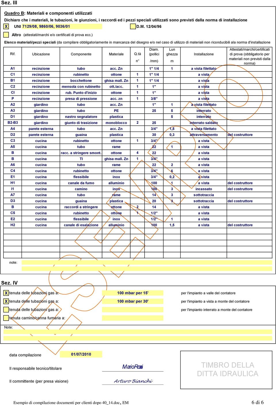 ) Elenco materiali/pezzi speciali (da compilare obbligatoriamente in mancanza del disegno e/o nel caso di utilizzo di materiali non riconducibili ala norma d'installazione Rif. A1 Diam.