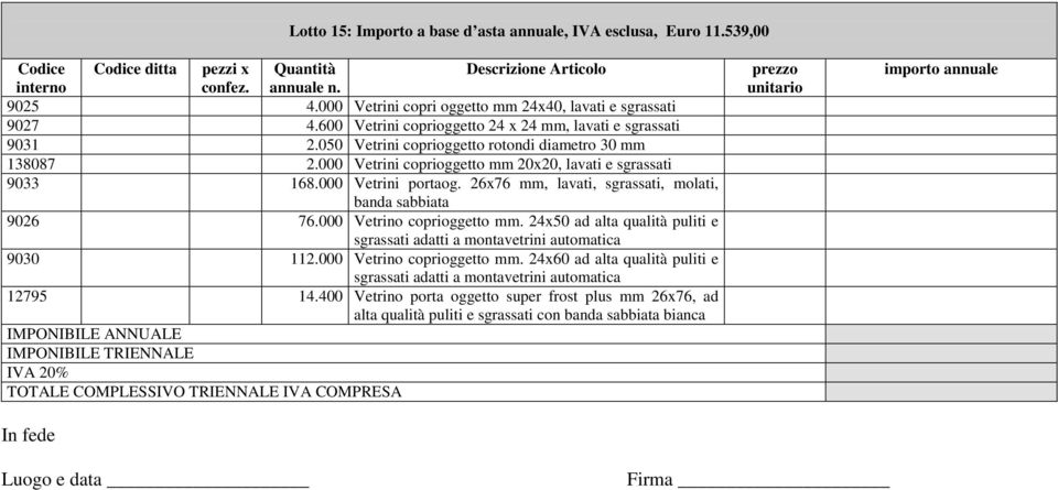 000 Vetrini portaog. 26x76 mm, lavati, sgrassati, molati, banda sabbiata 9026 76.000 Vetrino coprioggetto mm.