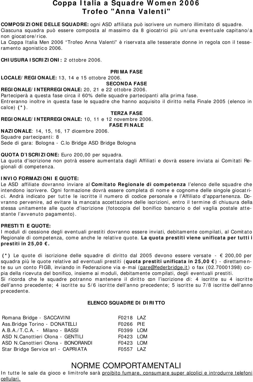 Ogni formazione dovrà essere completa di nome e cognome delle singole giocatrici. Andrà indicato per tutte le iscritte il numero di codice personale e l Affiliato d'appartenenza.