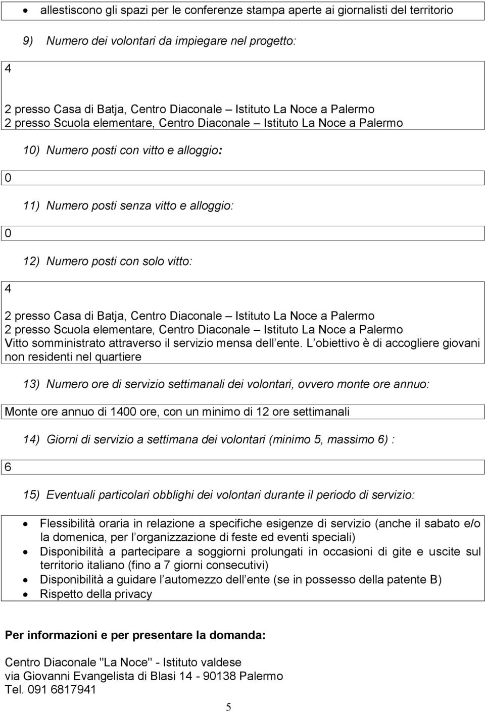 presso Casa di Batja, Centro Diaconale Istituto La Noce a Palermo 2 presso Scuola elementare, Centro Diaconale Istituto La Noce a Palermo Vitto somministrato attraverso il servizio mensa dell ente.