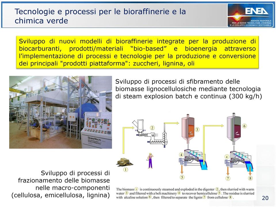 principali "prodotti piattaforma": zuccheri, lignina, oli Sviluppo di processi di sfibramento delle biomasse lignocellulosiche mediante tecnologia