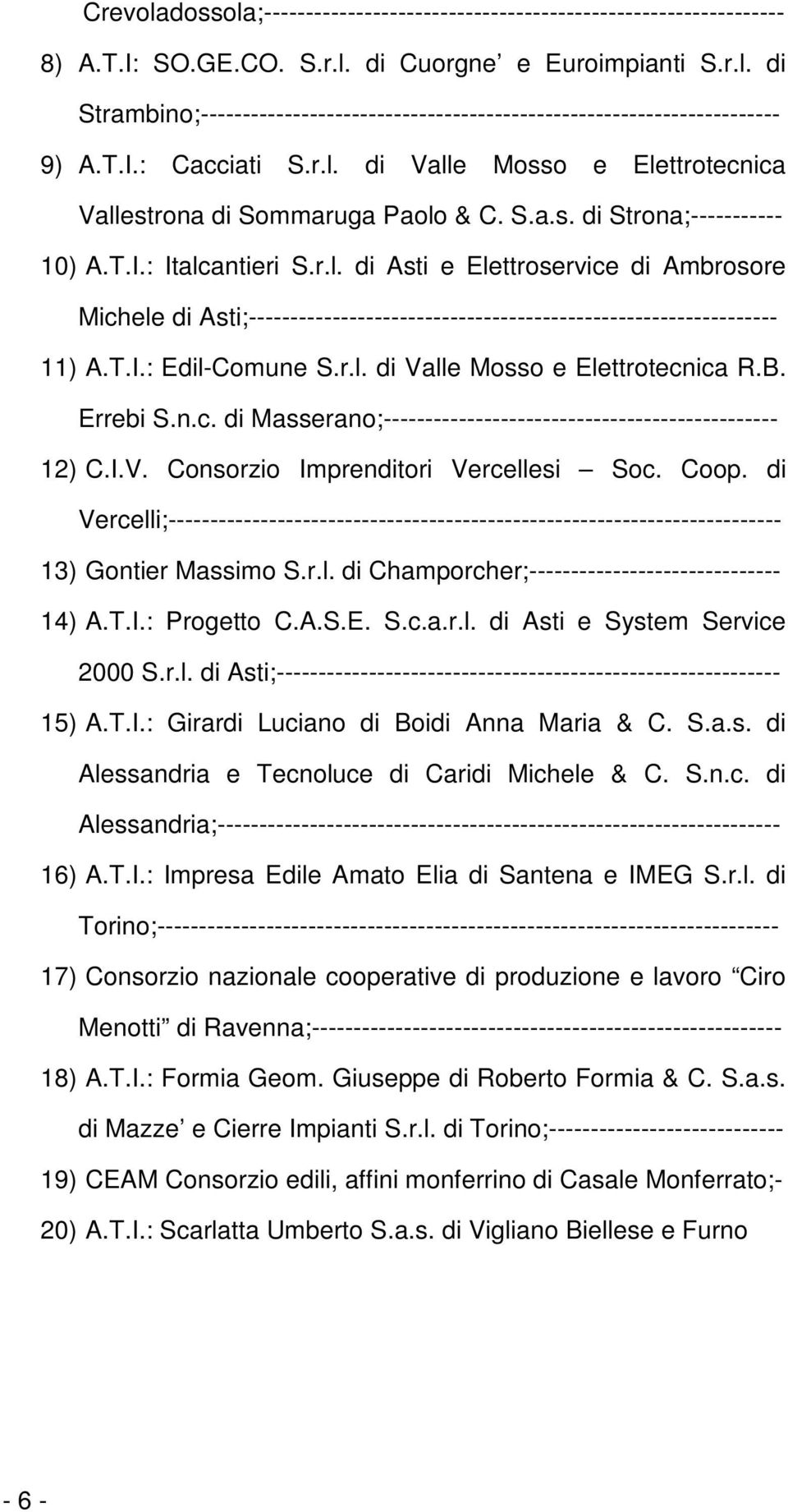 T.I.: Edil-Comune S.r.l. di Valle Mosso e Elettrotecnica R.B. Errebi S.n.c. di Masserano;----------------------------------------------- 12) C.I.V. Consorzio Imprenditori Vercellesi Soc. Coop.