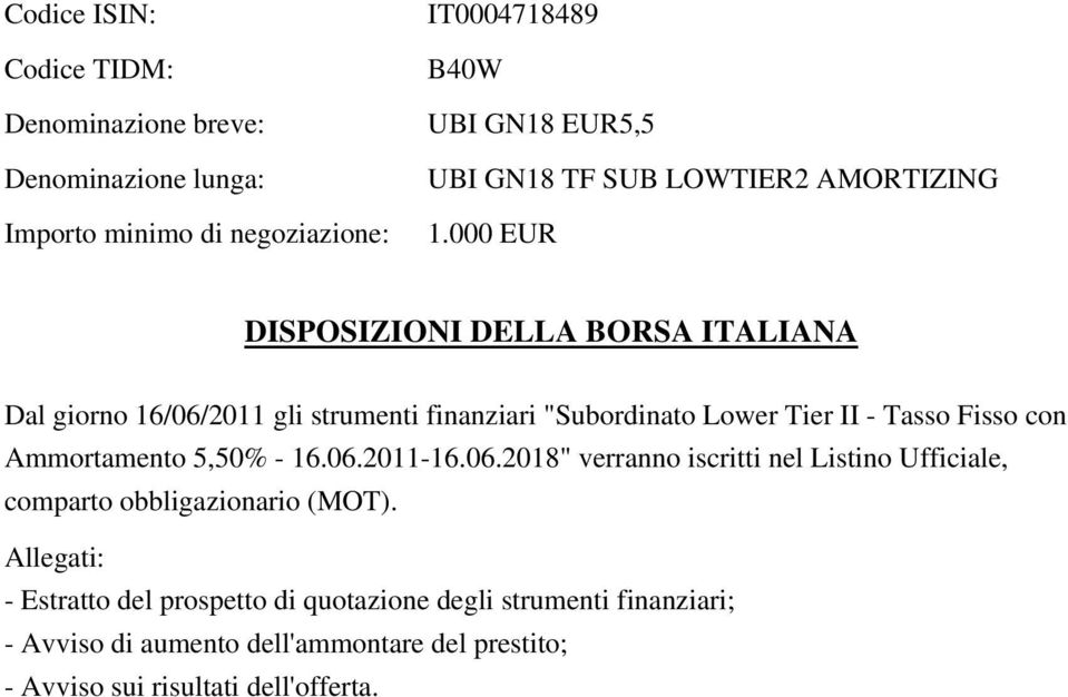000 EUR DISPOSIZIONI DELLA BORSA ITALIANA Dal giorno 16/06/2011 gli strumenti finanziari "Subordinato Lower Tier II - Tasso Fisso con Ammortamento