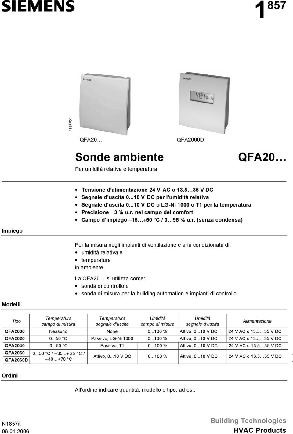 La QFA20 si utilizza come: sonda di controllo e sonda di misura per la building automation e impianti di controllo.