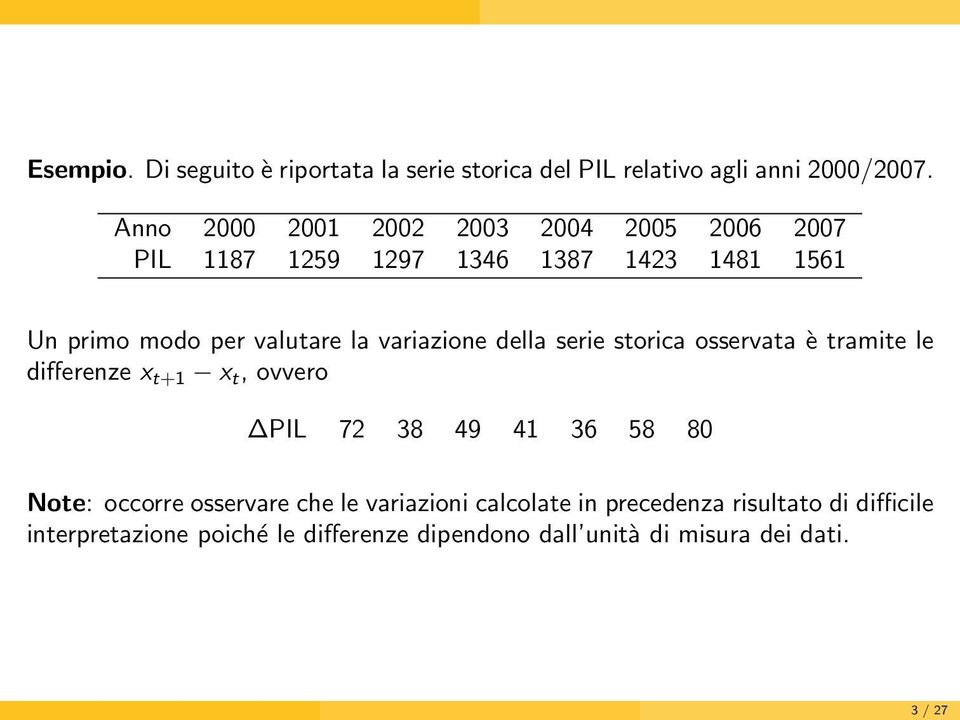 variazione della serie storica osservata è tramite le differenze x t+1 x t, ovvero PIL 72 38 49 41 36 58 80 Note: occorre