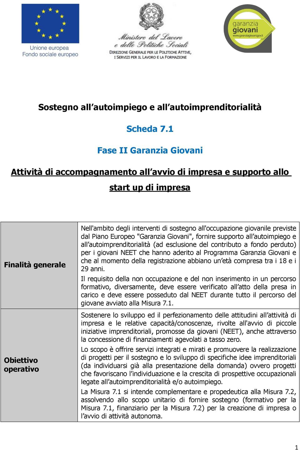 all'occupazione giovanile previste dal Piano Europeo "Garanzia Giovani", fornire supporto all autoimpiego e all autoimprenditorialità (ad esclusione del contributo a fondo perduto) per i giovani NEET