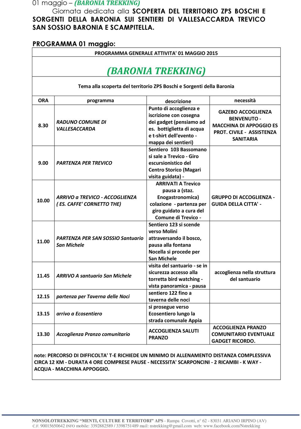 30 RADUNO COMUNE DI VALLESACCARDA 9.00 PARTENZA PER TREVICO 10.00 11.00 ARRIVO a TREVICO - ACCOGLIENZA ( ES. CAFFE' CORNETTO THE) PARTENZA PER SAN SOSSIO Santuario San Michele 11.