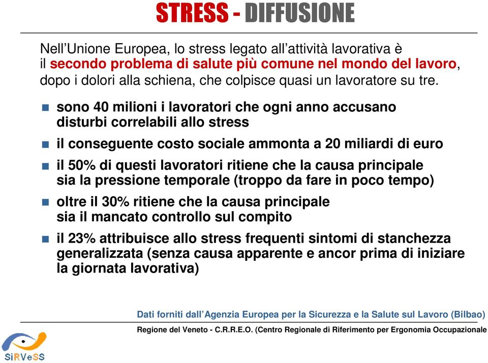 sono 40 milioni i lavoratori che ogni anno accusano disturbi correlabili allo stress il conseguente costo sociale ammonta a 20 miliardi di euro il 50% di questi lavoratori ritiene che la causa