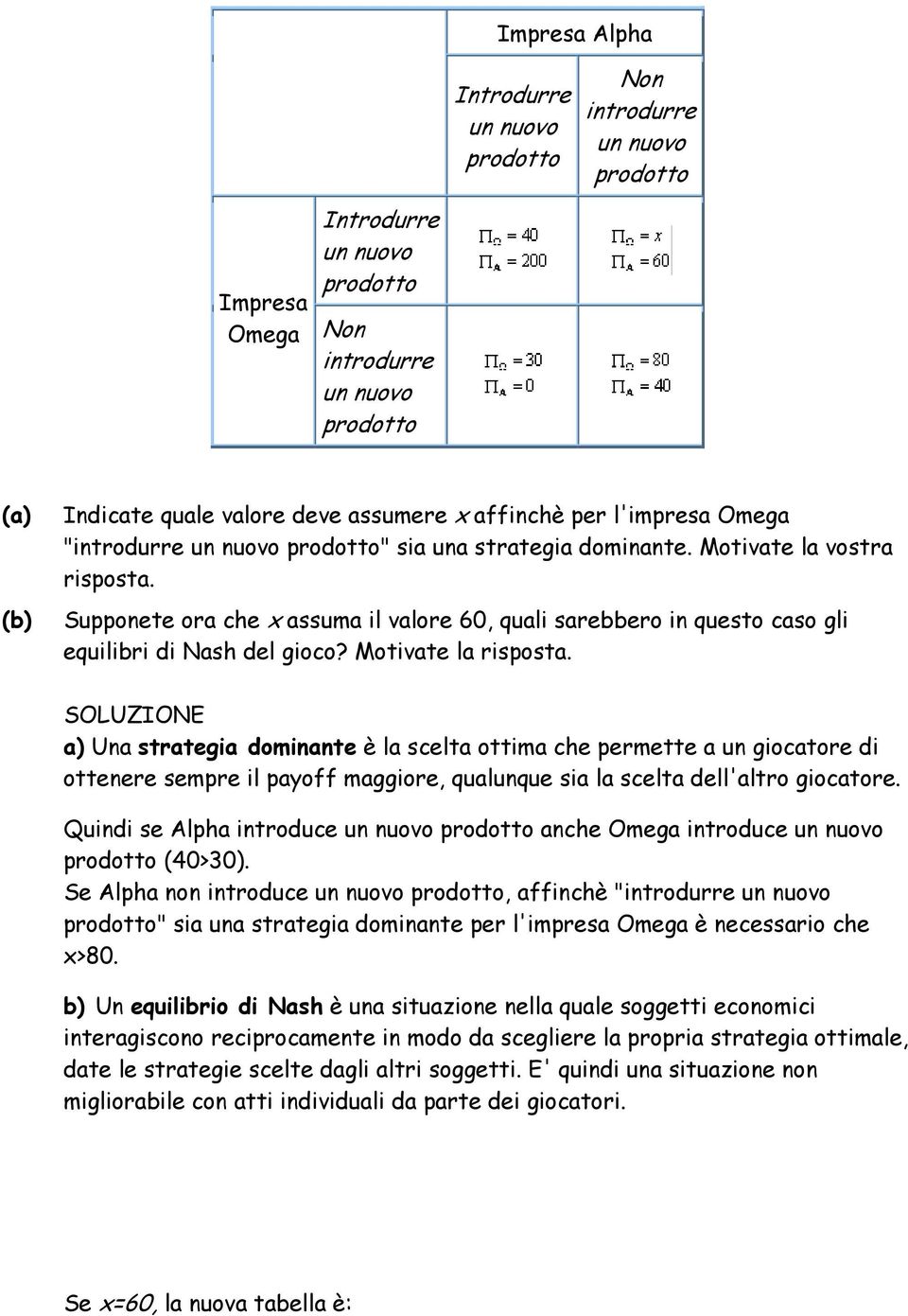 a) Una strategia dominante è la scelta ottima che permette a un giocatore di ottenere sempre il payoff maggiore, qualunque sia la scelta dell'altro giocatore.