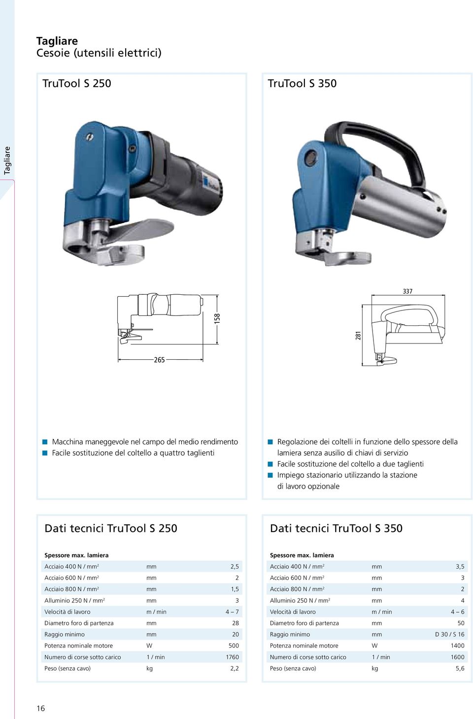 lavoro opzionale Dati tecnici TruTool S 250 Dati tecnici TruTool S 350 Acciaio 400 N / mm 2 mm 2,5 Acciaio 600 N / mm 2 mm 2 Acciaio 800 N / mm 2 mm 1,5 Alluminio 250 N / mm 2 mm 3 Velocità di lavoro