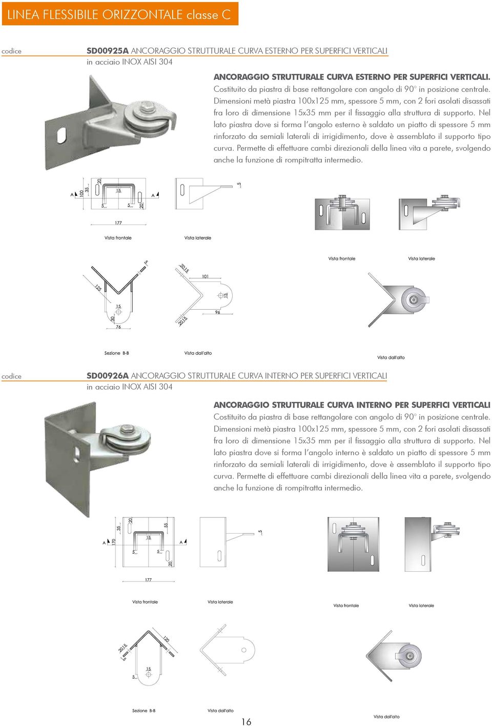 Dimensioni metà piastra 100x125 mm, spessore 5 mm, con 2 fori asolati disassati fra loro di dimensione 15x35 mm per il fissaggio alla struttura di supporto.