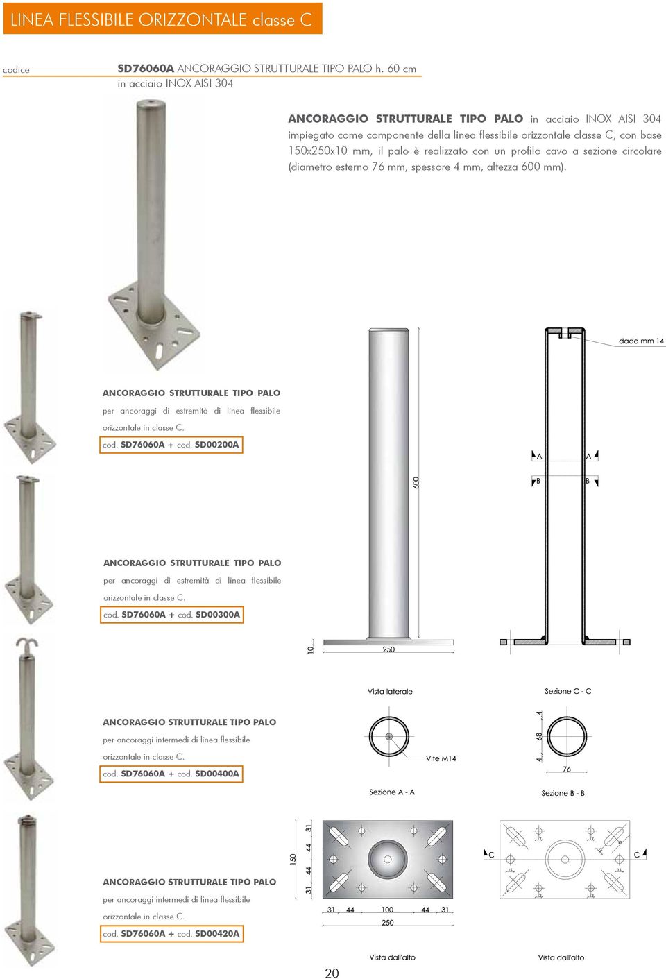 profilo cavo a sezione circolare (diametro esterno 76 mm, spessore 4 mm, altezza 600 mm). per ancoraggi di estremità di linea flessibile orizzontale in classe C. cod.