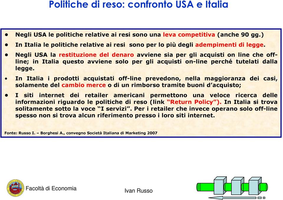 Negli USA la restituzione del denaro avviene sia per gli acquisti on line che offline; in Italia questo avviene solo per gli acquisti on-line perché tutelati dalla legge.