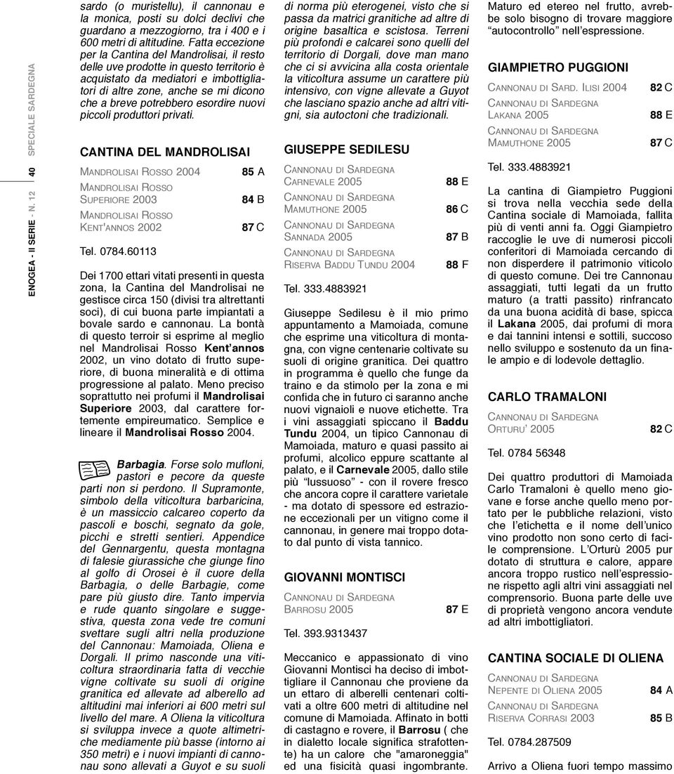 esordire nuovi piccoli produttori privati. CANTINA DEL MANDROLISAI Mandrolisai Rosso 2004 Mandrolisai Rosso Superiore 2003 Mandrolisai Rosso Kent'annos 2002 Tel. 0784.