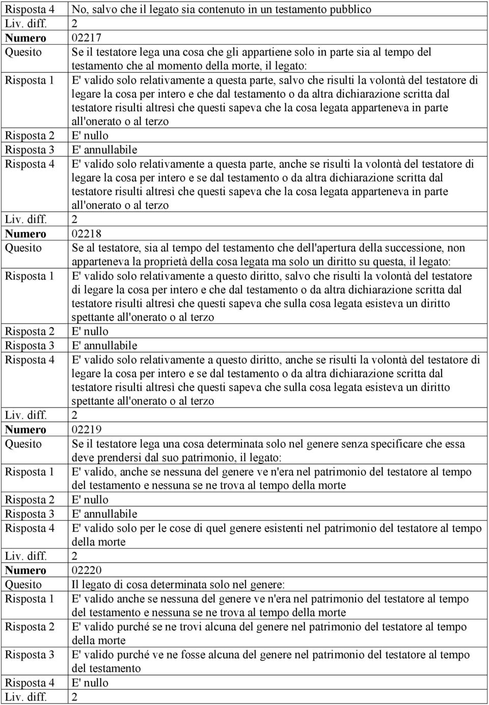 dal testatore risulti altresì che questi sapeva che la cosa legata apparteneva in parte all'onerato o al terzo Risposta 2 E' nullo Risposta 3 E' annullabile Risposta 4 E' valido solo relativamente a