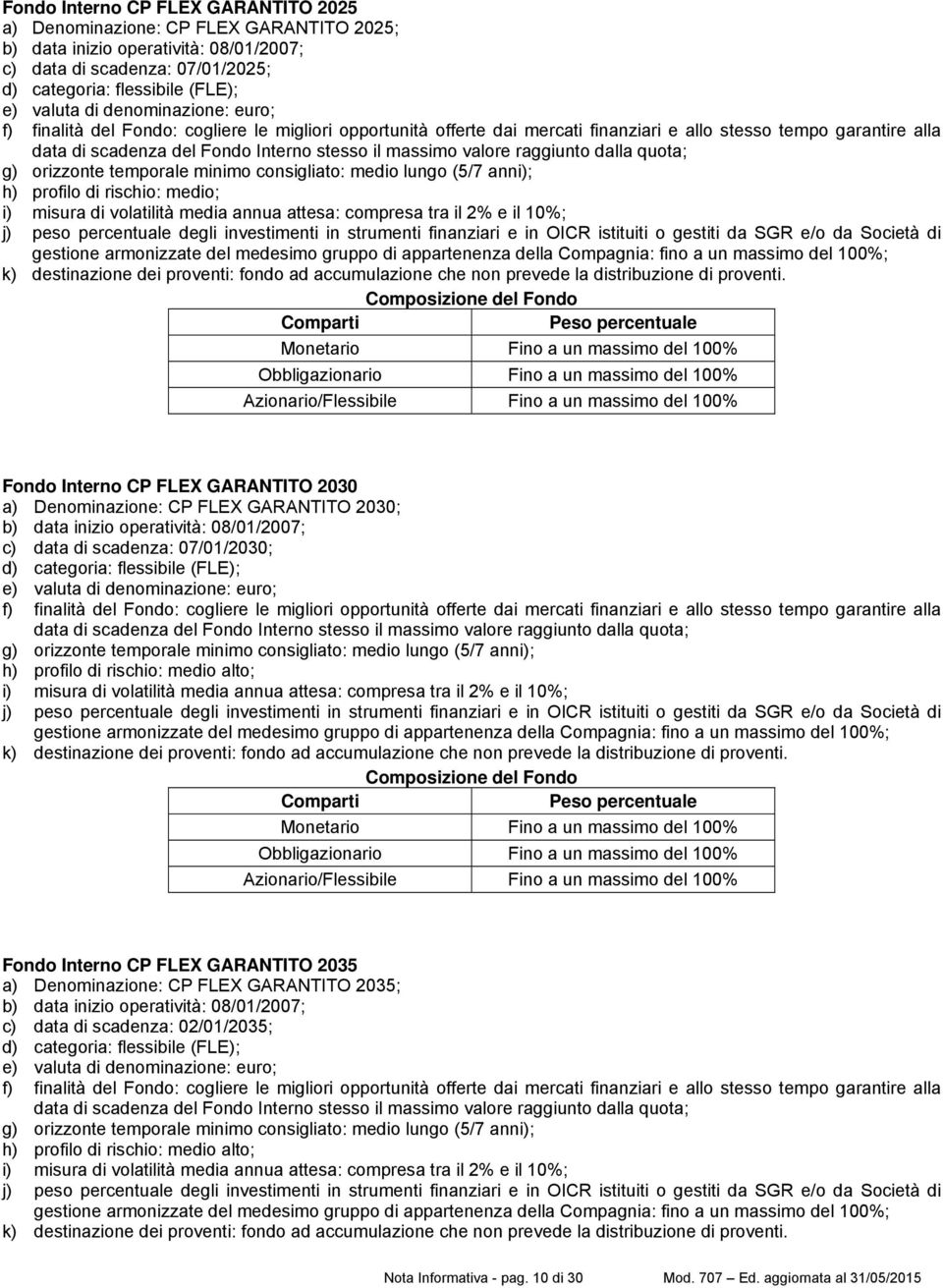 valore raggiunto dalla quota; g) orizzonte temporale minimo consigliato: medio lungo (5/7 anni); h) profilo di rischio: medio; i) misura di volatilità media annua attesa: compresa tra il 2% e il 10%;