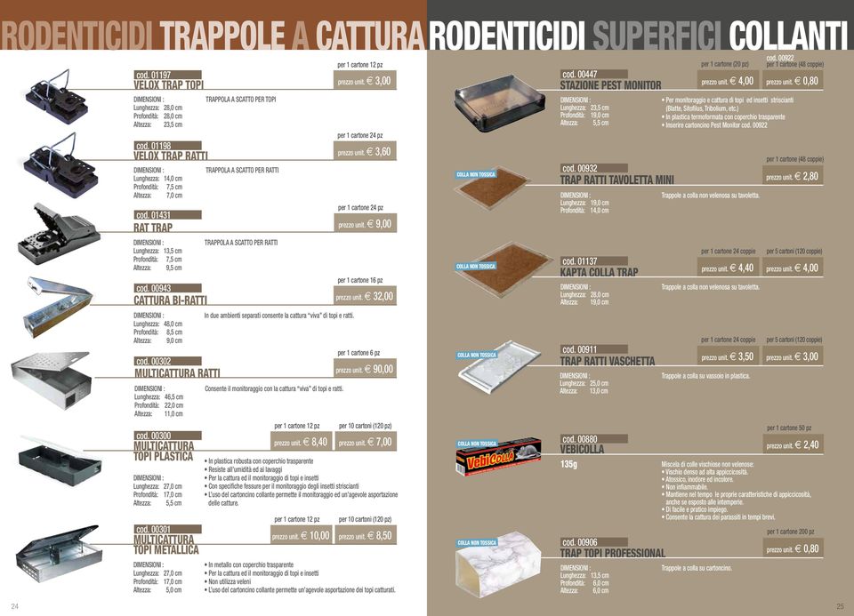 00943 CATTURA BI-RATTI Lunghezza: 48,0 cm Profondità: 8,5 cm Altezza: 9,0 cm cod. 00302 MULTICATTURA RATTI Lunghezza: 46,5 cm Profondità: 22,0 cm Altezza: 11,0 cm cod.