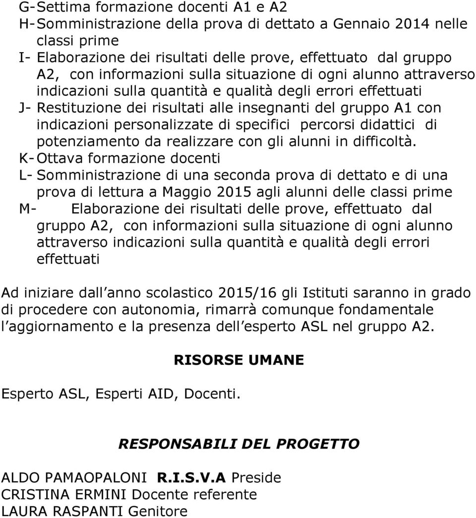 Elaborazione dei risultati delle prove, effettuato dal gruppo A2, con informazioni sulla situazione di ogni alunno attraverso indicazioni sulla quantità e qualità degli errori effettuati Ad iniziare