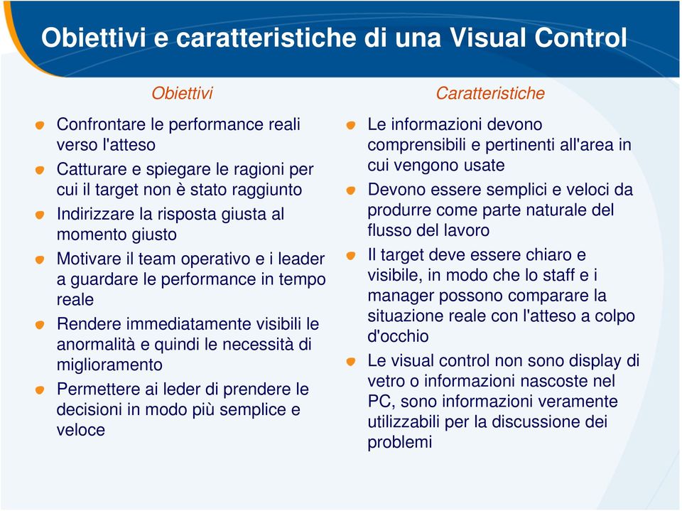 Permettere ai leder di prendere le decisioni in modo più semplice e veloce Caratteristiche Le informazioni devono comprensibili e pertinenti all'area in cui vengono usate Devono essere semplici e