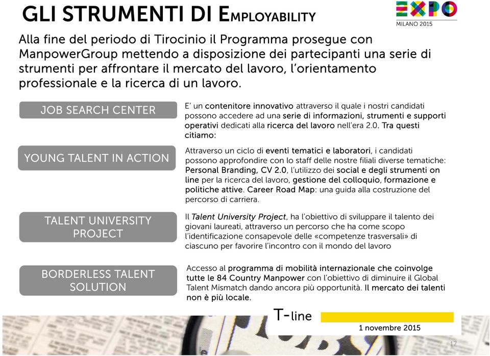 JOB SEARCH CENTER YOUNG TALENT IN ACTION TALENT UNIVERSITY PROJECT BORDERLESS TALENT SOLUTION E un contenitore innovativo attraverso il quale i nostri candidati possono accedere ad una serie di