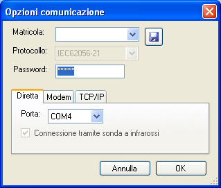 sincronizzare i contatori 4. Impostazione dei parametri di connessione Per impostare i parametri di connessione selezionare la voce Connessione dal menù Strumenti.