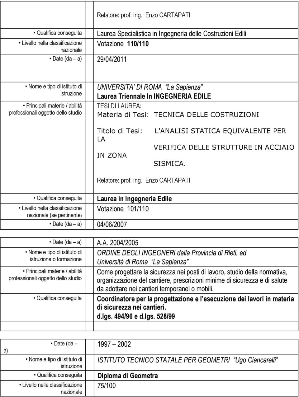 Titolo di Tesi: LA IN ZONA L'ANALISI STATICA EQUIVALENTE PER VERIFICA DELLE STRUTTURE IN ACCIAIO SISMICA. (se pertinente) Date (da a) 04/06/2007 Relatore: prof. ing.