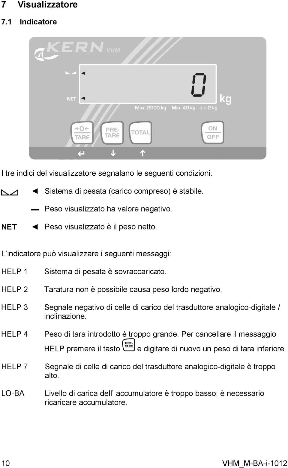 HELP 3 Segnale negativo di celle di carico del trasduttore analogico-digitale / inclinazione. HELP 4 HELP 7 LO-BA Peso di tara introdotto è troppo grande.