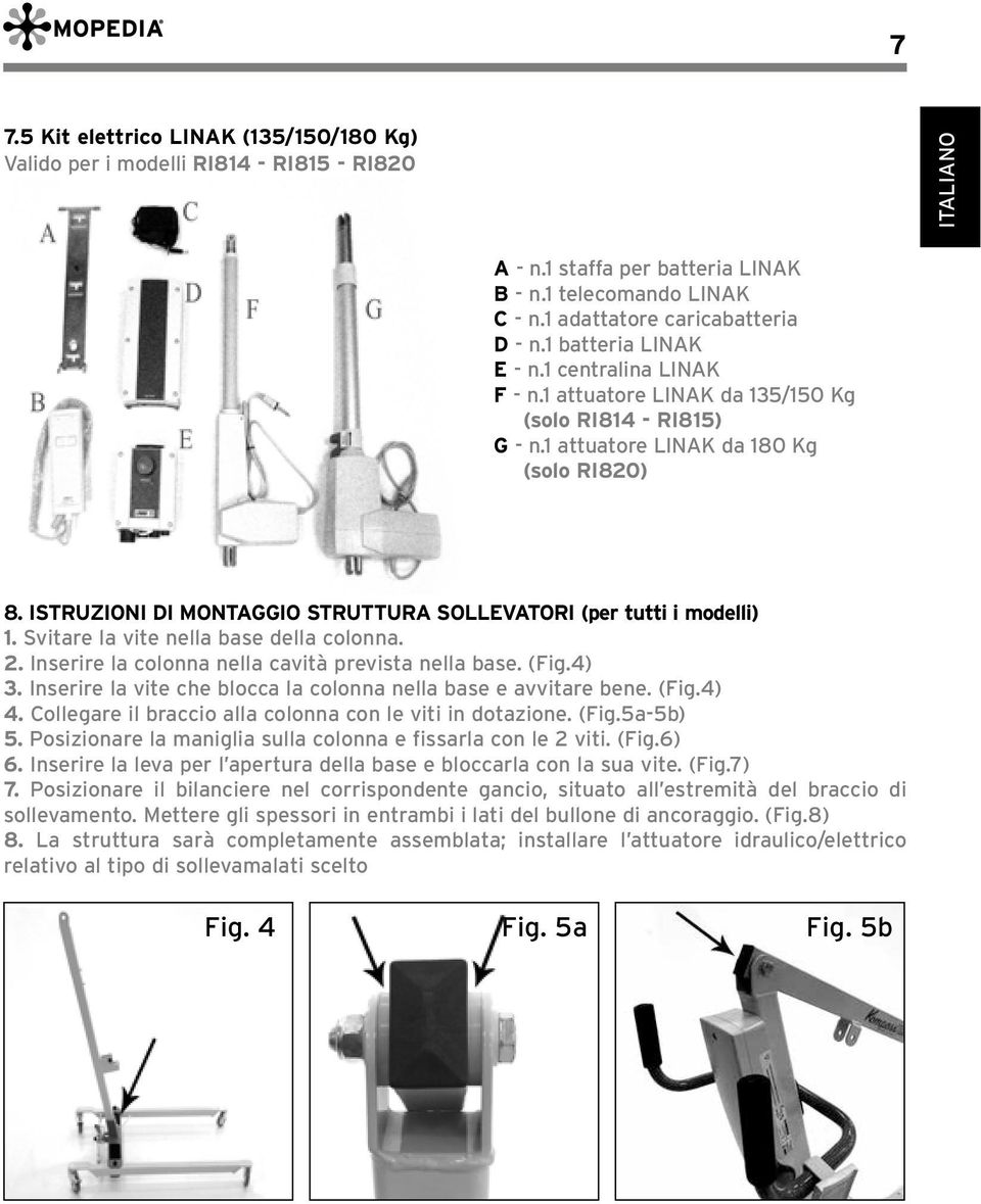 ISTRUZIONI DI MONTAGGIO STRUTTURA SOLLEVATORI (per tutti i modelli) 1. Svitare la vite nella base della colonna. 2. Inserire la colonna nella cavità prevista nella base. (Fig.4) 3.