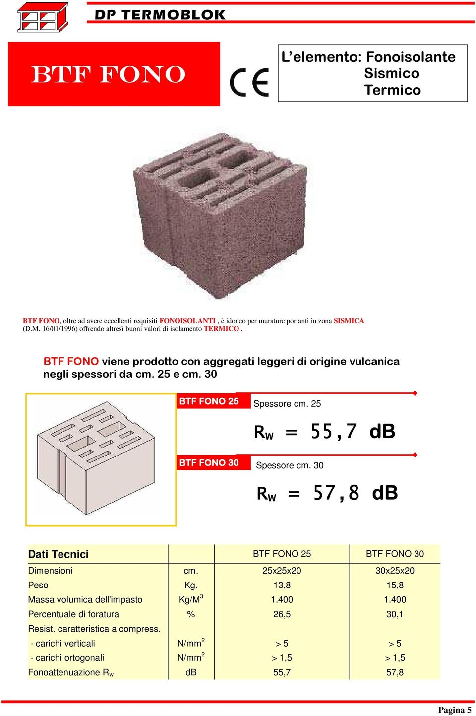 30 BTF FONO 25 Spessore cm. 25 R w = 55,7 db BTF FONO 30 Spessore cm. 30 R w = 57,8 db Dati Tecnici BTF FONO 25 BTF FONO 30 Dimensioni cm. 25x25x20 30x25x20 Peso Kg.