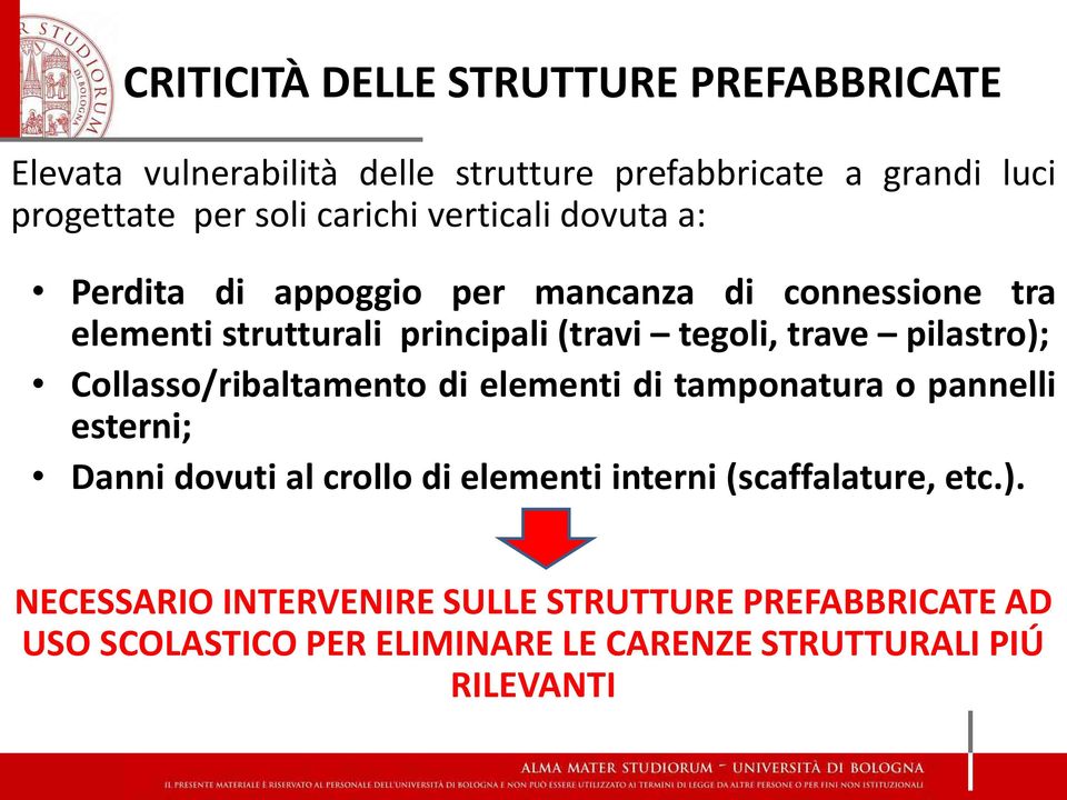 trave pilastro); Collasso/ribaltamento di elementi di tamponatura o pannelli esterni; Danni dovuti al crollo di elementi interni