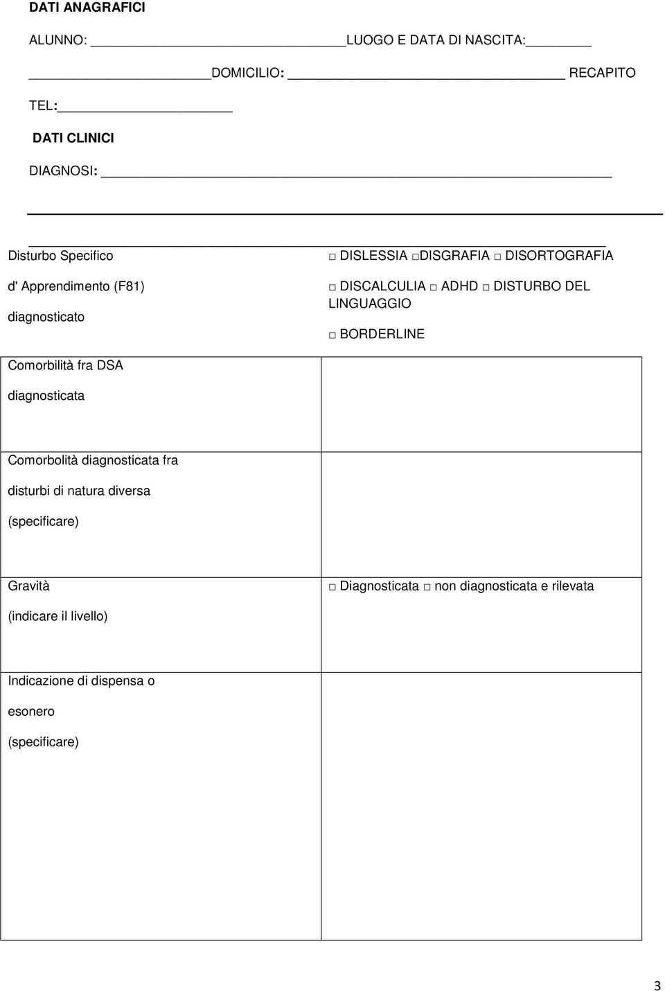 BORDERLINE Comorbilità fra DSA diagnosticata Comorbolità diagnosticata fra disturbi di natura diversa (specificare)