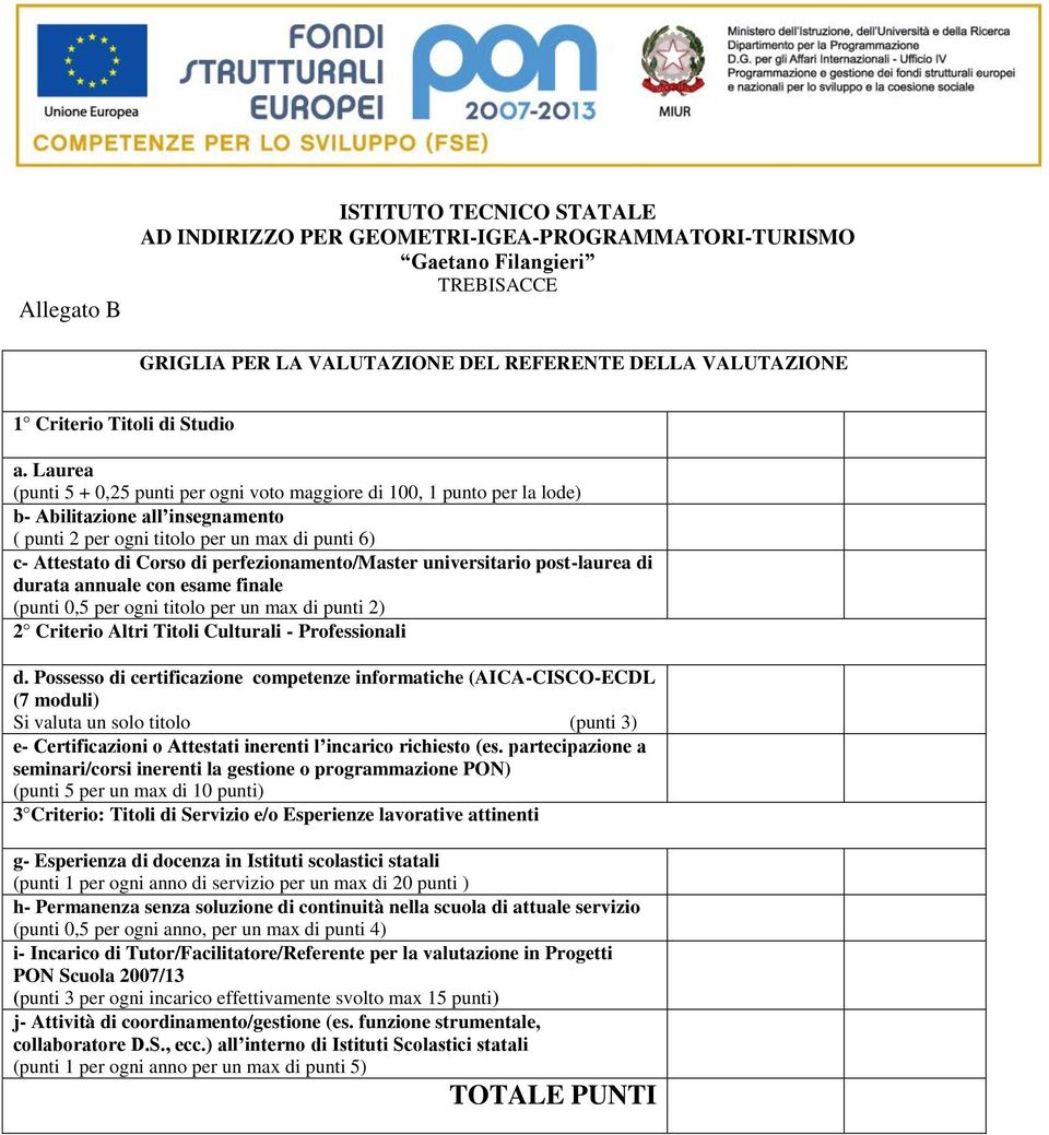 Laurea (punti 5 + 0,25 punti per ogni voto maggiore di 100, 1 punto per la lode) b- Abilitazione all insegnamento ( punti 2 per ogni titolo per un max di punti 6) c- Attestato di Corso di